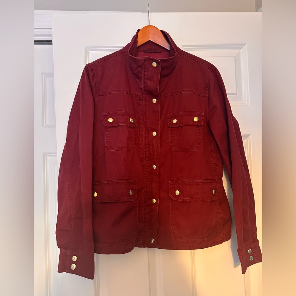 J. Crew Deep Red Utility Jacket with Gold Accents